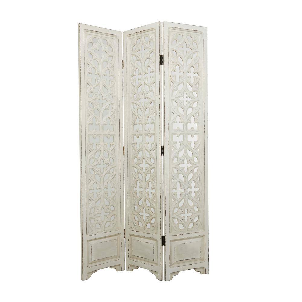 Litton Lane 75 in. White Wood Country Cottage Room Divider Screen