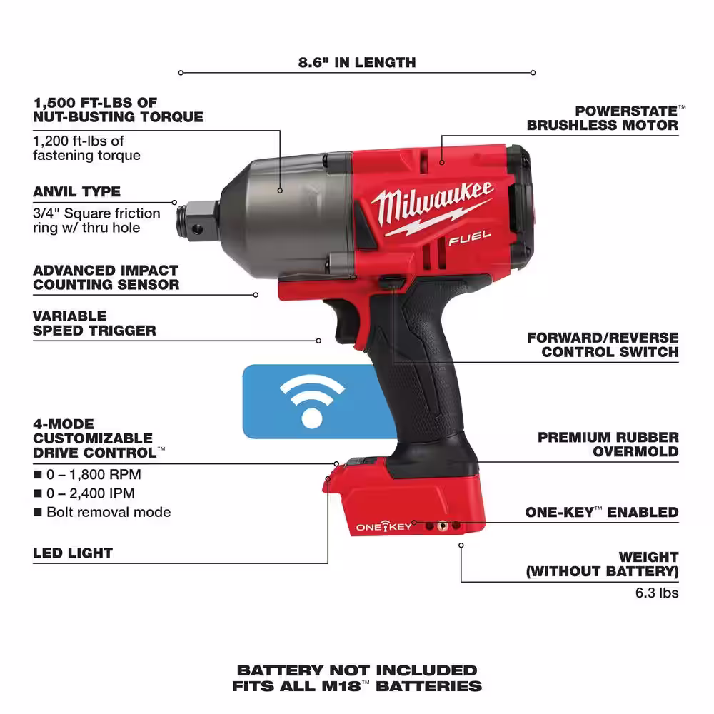 Milwaukee M18 FUEL ONE-KEY 18V Lithium-Ion Brushless Cordless 3/4 in. Impact Wrench with Friction Ring (Tool-Only)