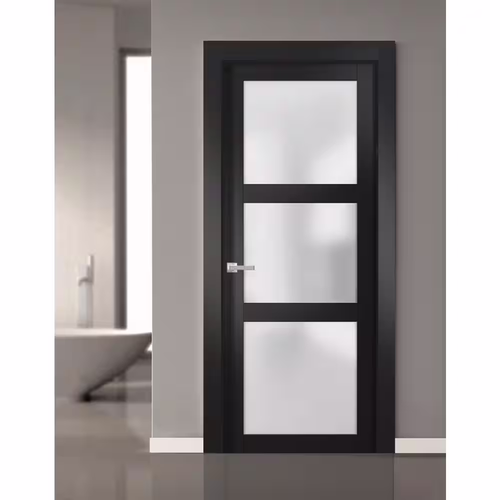 Sartodoors 2552 28 in. x 80 in. Universal Handling Frosted Glass Solid Core Black Finished Pine Wood Single Prehung French Door