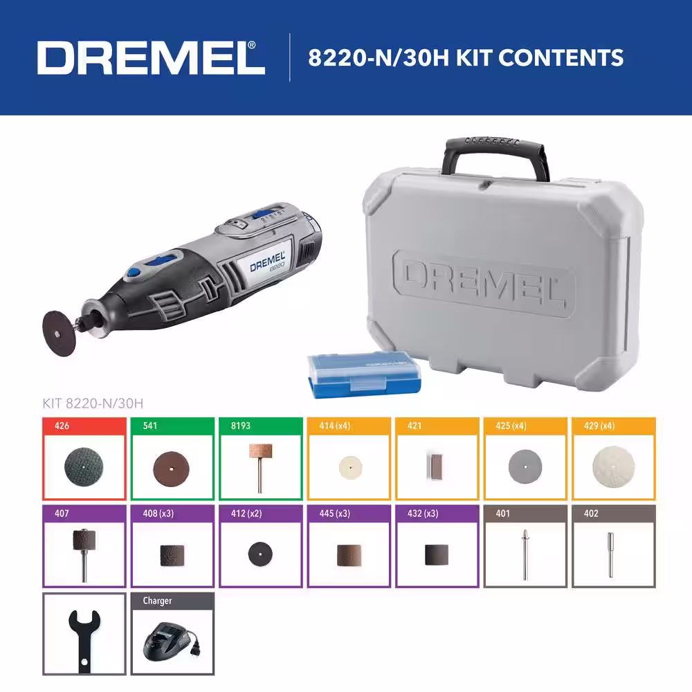 Dremel 8220 Series 12-Volt MAX Lithium-Ion Variable Speed Cordless Rotary Tool Kit with 30 Accessories and Case