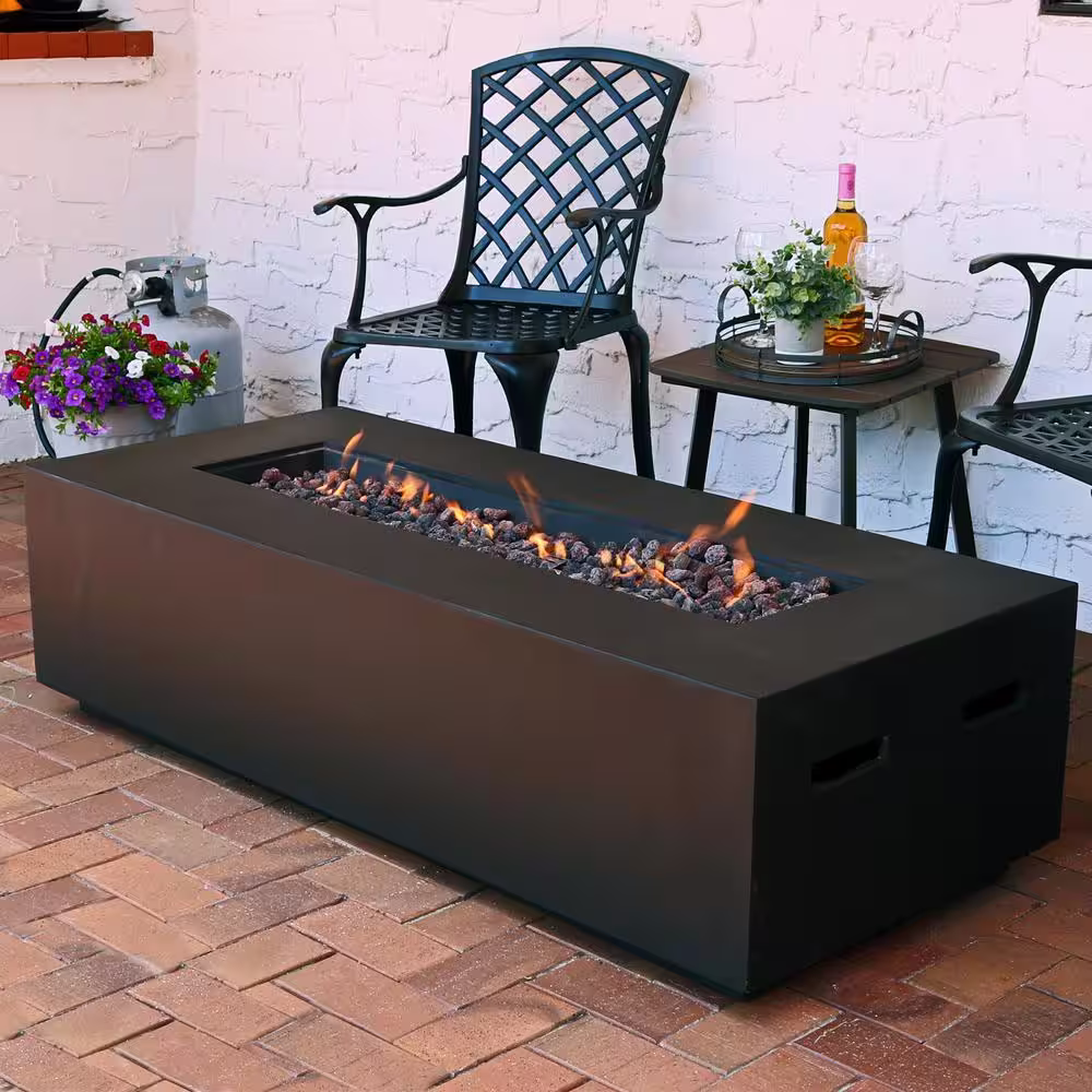 Sunnydaze Decor 56 in. Rectangular Fiberglass Propane Gas Fire Pit Coffee Table with Lava Rocks in Brown