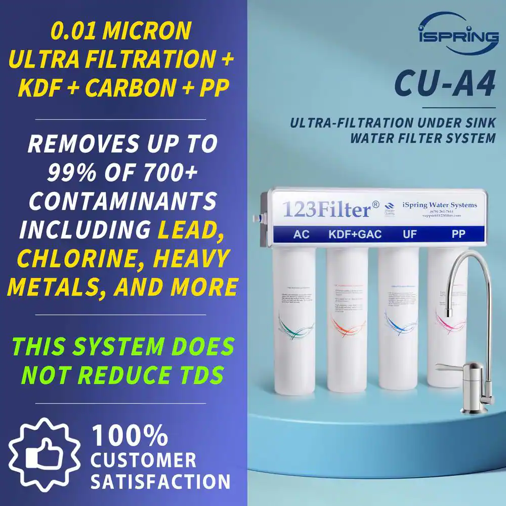 ISPRING 4-Stage 0.1 Micron Ultra-Filtration Under Sink / Inline Water Filtration System with No-Pressure Brushed Nickel Faucet
