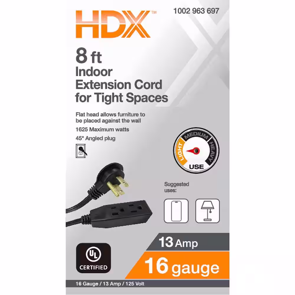 HDX 8 ft. 16/3 Light Duty Indoor Tight Space Extension Cord with Banana Tap, Black