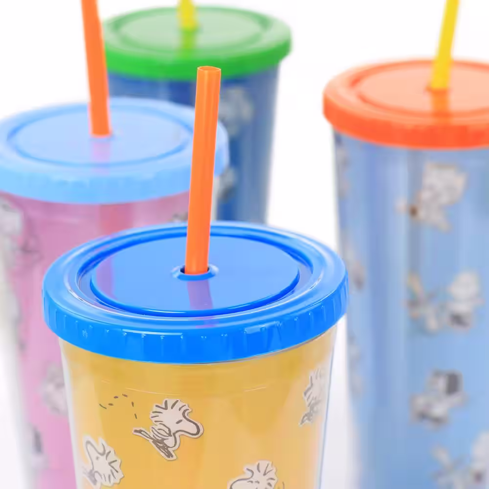 Gibson Peanuts 70th Anniversary 23.6 fl. oz. Assorted Colors Plastic Tumbler Set with Lids and Straws