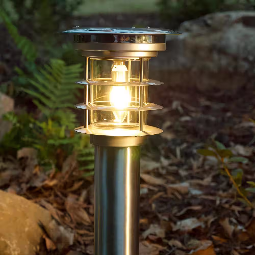 GAMA SONIC Solar Silver Stainless Steel Bollard Pathway Light with EZ Anchor (2-Pack)