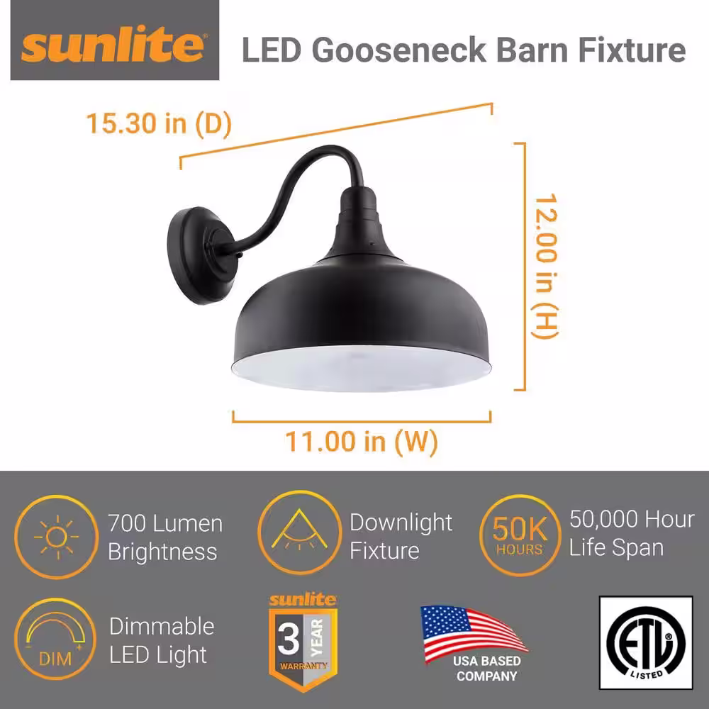 Sunlite 1-Light Black LED Outdoor Dimmable Gooseneck Barn Light Wall Mounted Sconce, Warm White 3000K