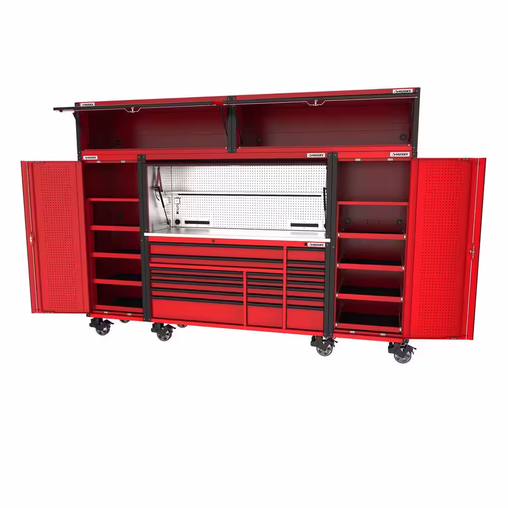 Husky 72 in. W x 24.5 in. D Professional Duty 20-Drawer Mobile Workbench Combo w/ 2 Side Lockers, 2 Top Lockers, and Top Hutch