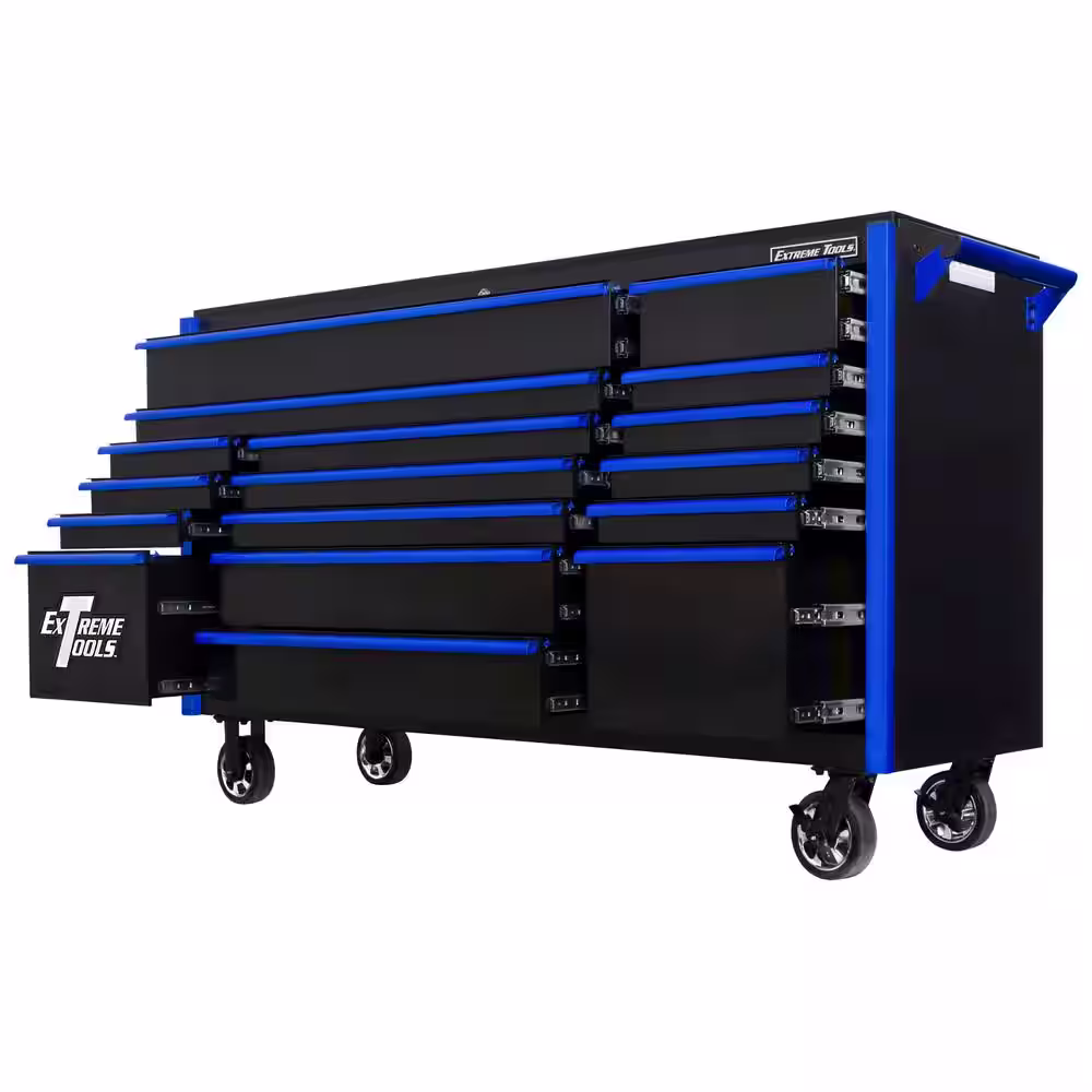 Extreme Tools DX Series 72 in. 17-Drawer Roller Cabinet Tool Chest with Mag Wheels in Black with Blue Drawer Pulls