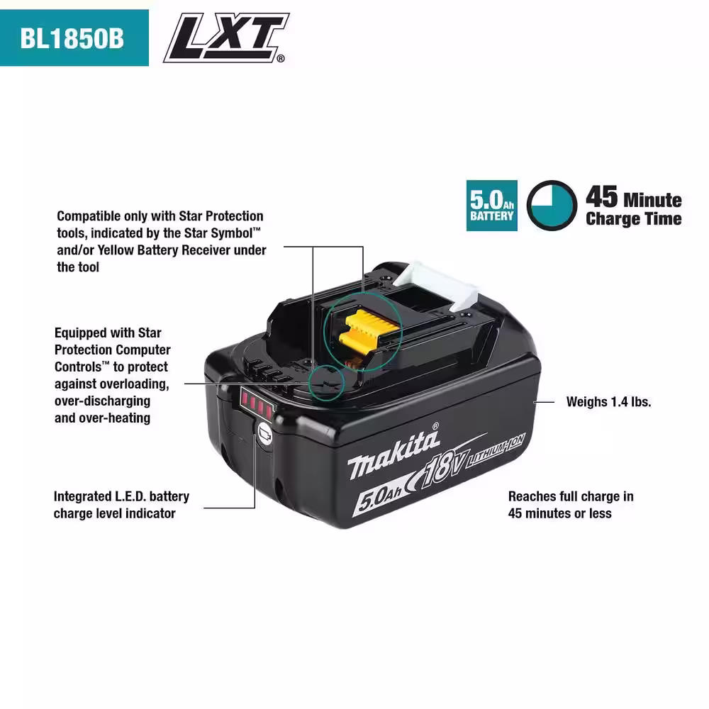 Makita 18V LXT Battery and Rapid Optimum Charger Starter Pack (5.0Ah) with Bonus 3/8 in./1/4 in. 18V LXT Square Drive Ratchet