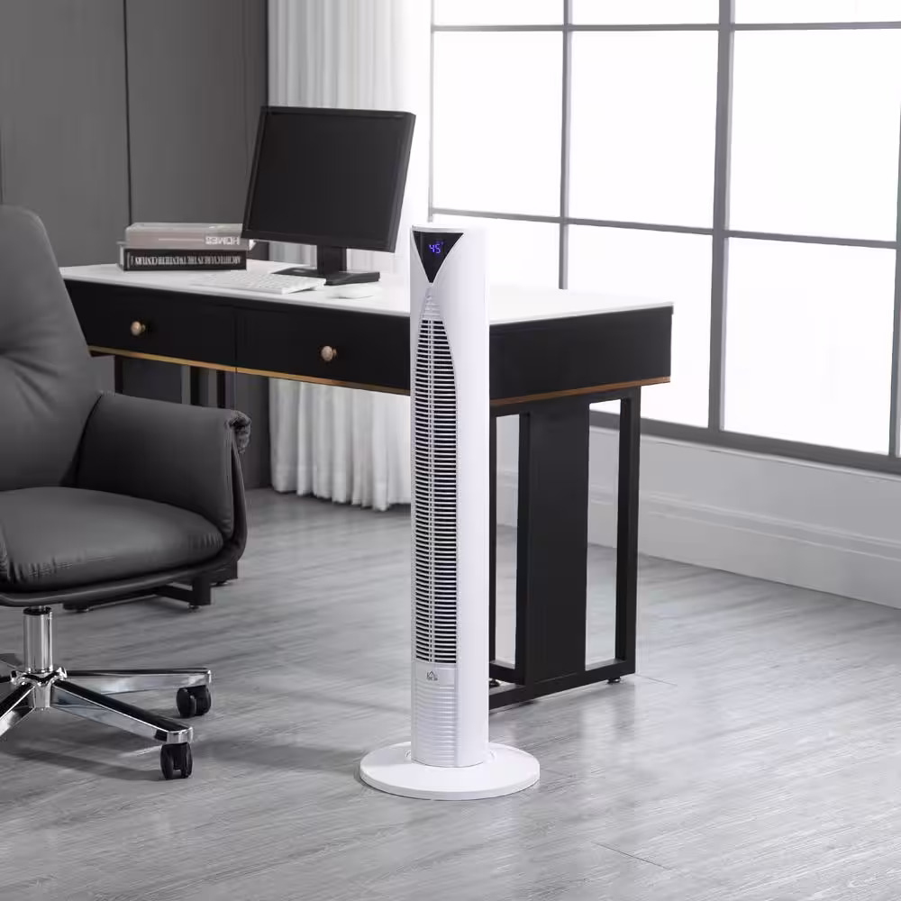 HOMCOM 37.75 in. Freestanding Tower Fan Cooling for Bedroom with 3 Speed, 12h Timer, Oscillating, 12.5 in Fan Diameter, White