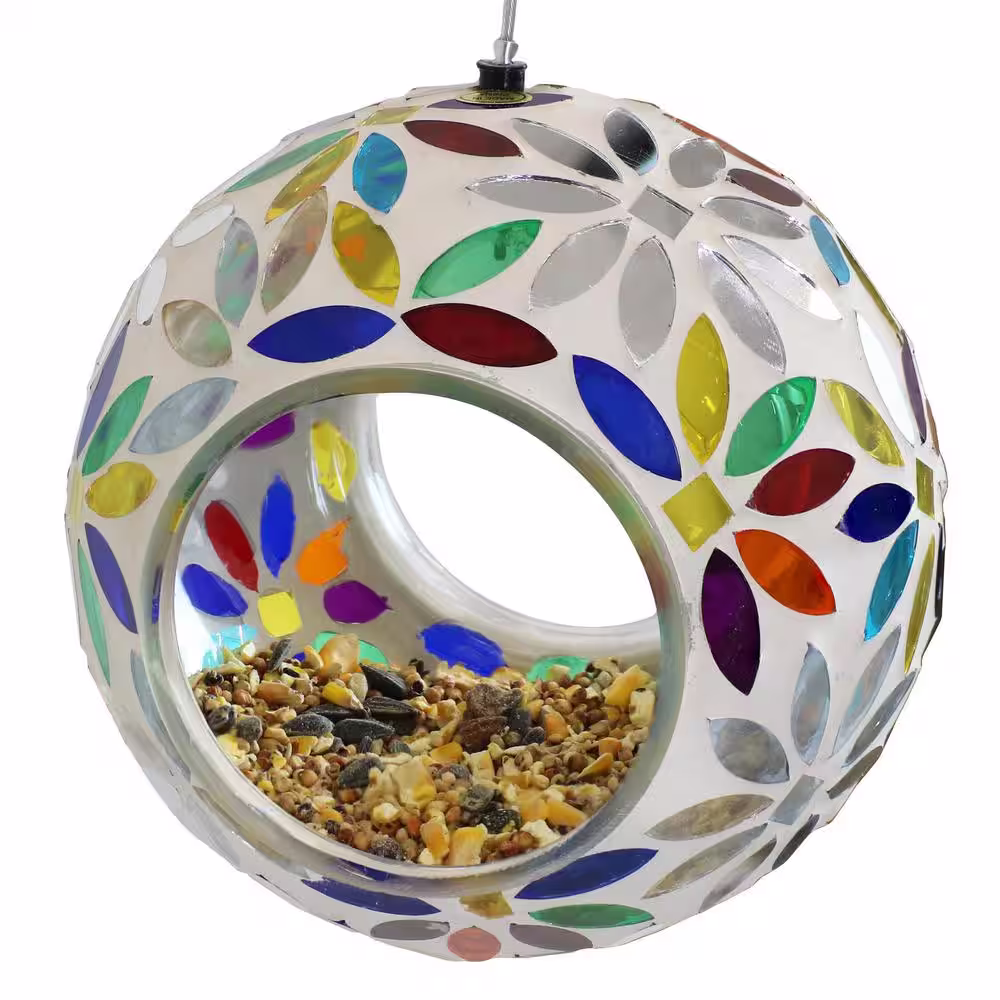 Sunnydaze Decor 6 in. Rainbow Daisies Mosaic Glass Fly-Through Hanging Bird Feeder