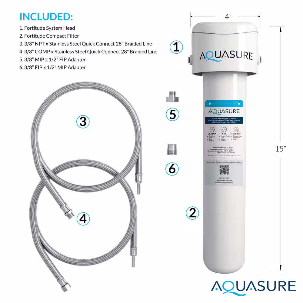 AQUASURE Fortitude Compact Under Sink Multi-Purpose Water Filtration System with Carbon/KDF and Siliphos Scale Inhibiting Media
