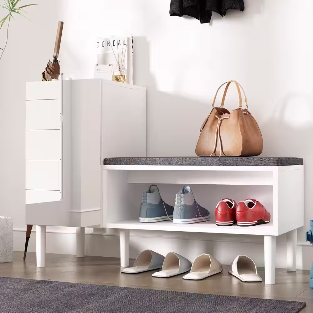None 35.4 in. W Gloss Mirrored Shoe Storage Bench With Mirrored Door Cabinet, Upholstery Bench