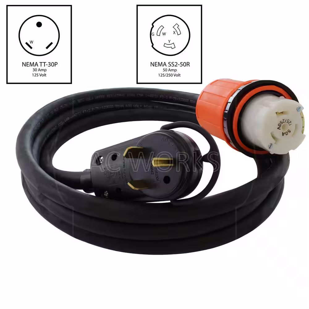 AC WORKS 10 ft. 10-Gauge Heavy-Duty Indoor/Outdoor Black Extension Cord TT-30P to SS2-50R