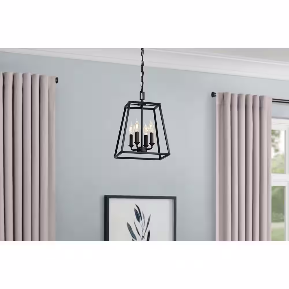 Hampton Bay Knightley 4-Light Caged Matte Black Pendant Island Hanging Light, Industrial Farmhouse Kitchen Lighting