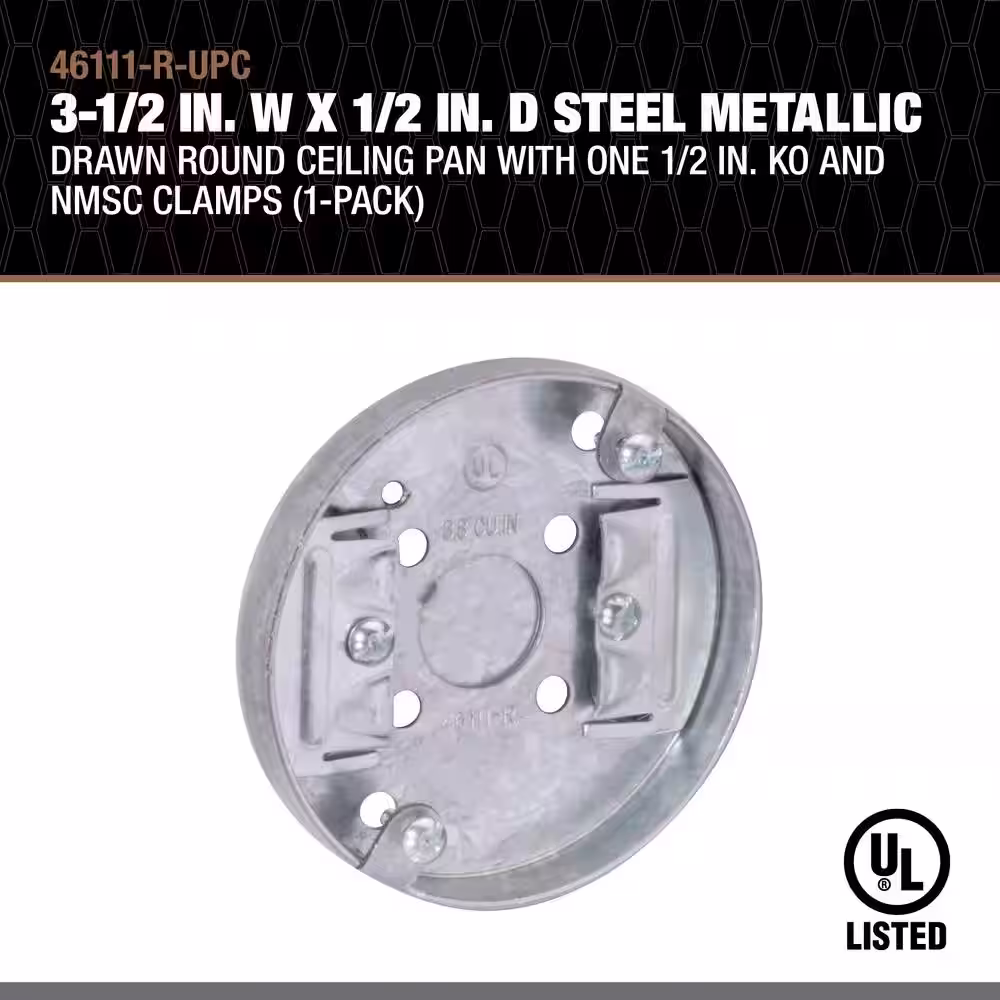 Southwire 3-1/2 in. W x 1/2 in. D Steel Metallic Drawn Round Ceiling Pan with One 1/2 in. KO and NMSC Clamps (1-Pack)