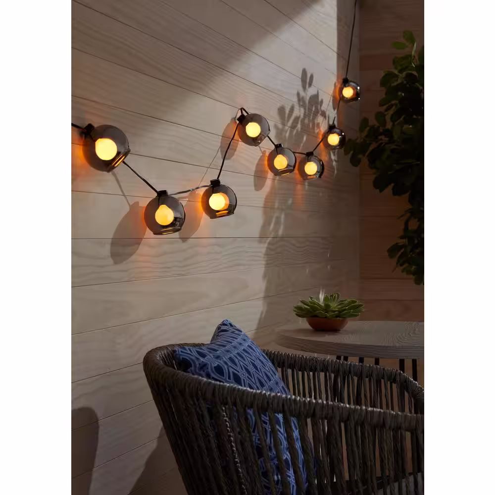 Hampton Bay 8-Light 10 ft. Black Indoor/Outdoor Plug-In String Lights with Smoky Glass Shades and Incandescent Bulbs (3-Pack)