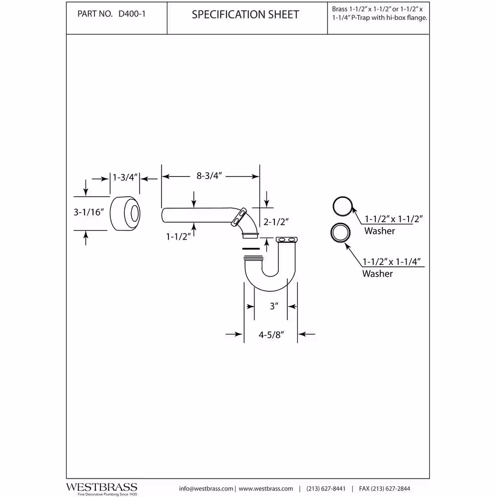 Westbrass 1-1/2 in. x 1-1/2 in. Brass P-Trap with High Box Flange in Matte Black