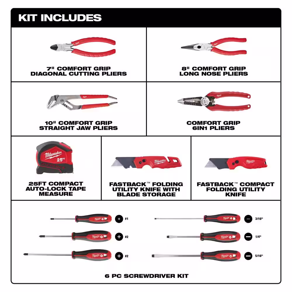 Milwaukee Pliers Kit with Screwdriver Set, 25 ft. Auto Lock Tape Measure, and FASTBACK Utility Knives Hand Tool Set (13-Piece)