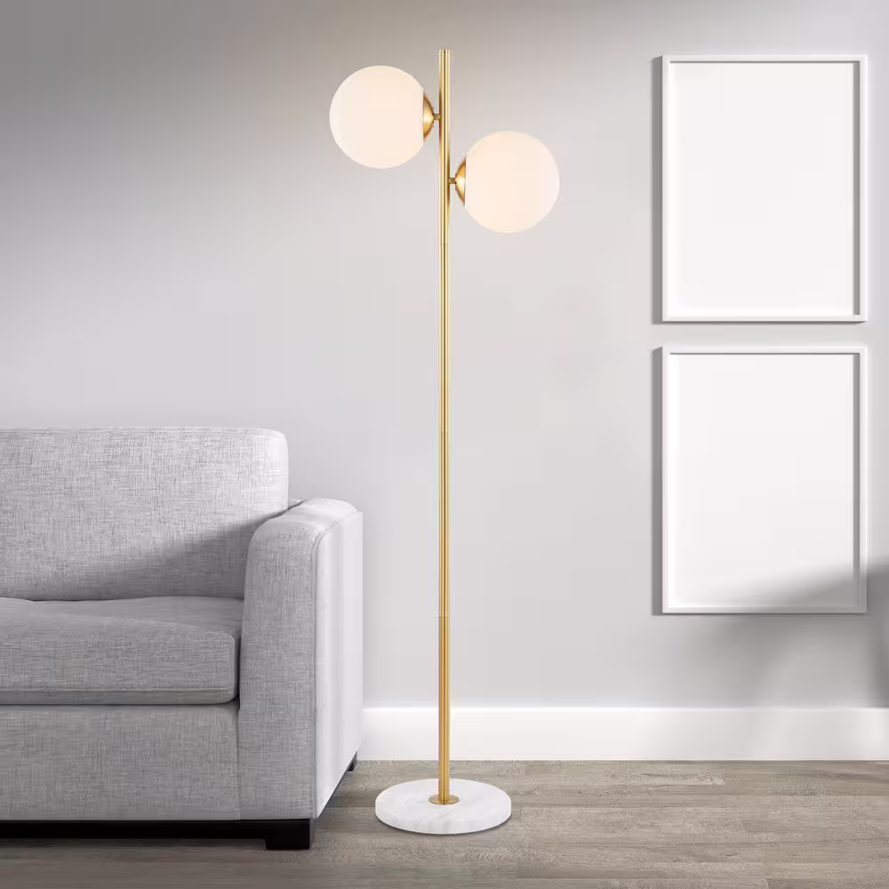 JONATHAN Y Oscar 60.5 in. Brass Gold Floor Lamp 2-Light Modern Parisian Candlestick Iron LED, White