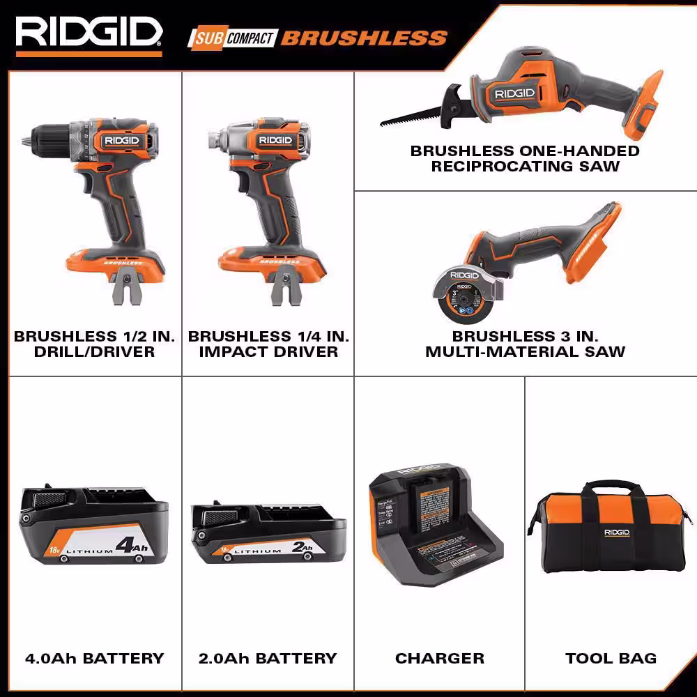 RIDGID 18V SubCompact Brushless Cordless 4-Tool Combo Kit with 2.0 Ah Battery, 4.0 Ah Battery, Charger, and Bag