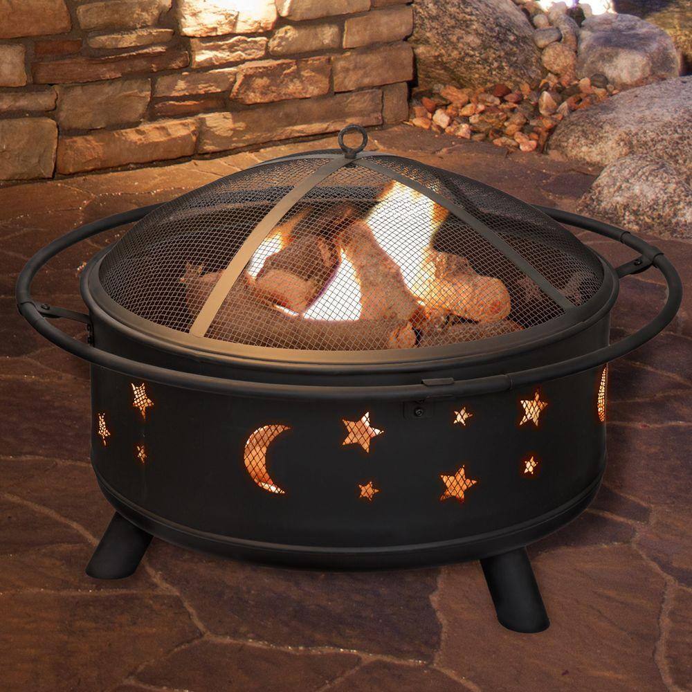 Pure Garden 30 in. Round Steel Star and Moon Firepit with Cover