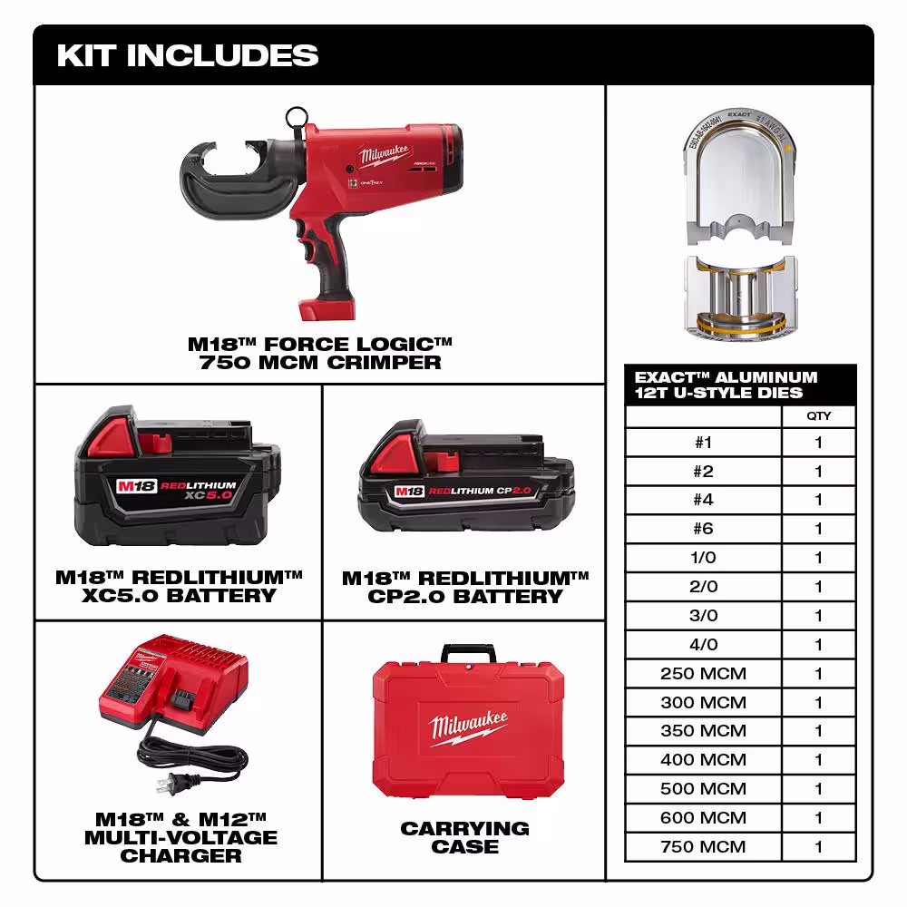 Milwaukee M18 18V Lithium-Ion Cordless FORCE LOGIC 750 MCM Crimper Kit with EXACT #6 750 MCM Al Dies