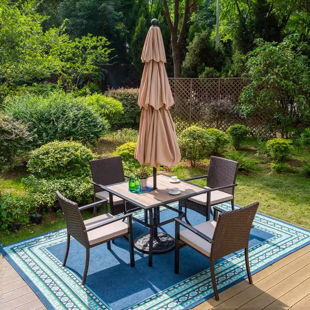 None Black 6-Piece Metal Square Table Patio Outdoor Dining Set with Beige Umbrella and Rattan Chairs with Beige Cushion