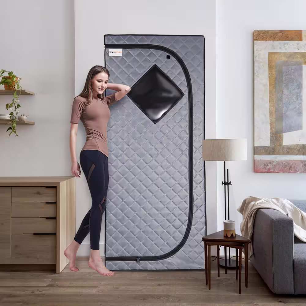FUNKOL 1-Person Sauna with A 4L and 1500-Watt Steam Generator, Folding Chair and Handheld Remote Control in Gray