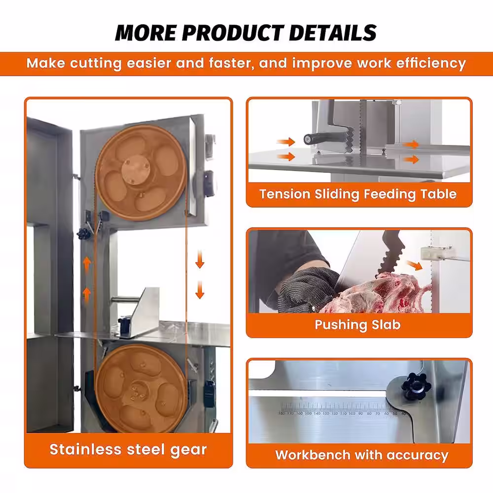 None Hakka Bone Saw Machine, Electric Butcher Bandsaw Countertop Meat Saw Commercial Bone Cutter Stainless Steel, 1HP/120V