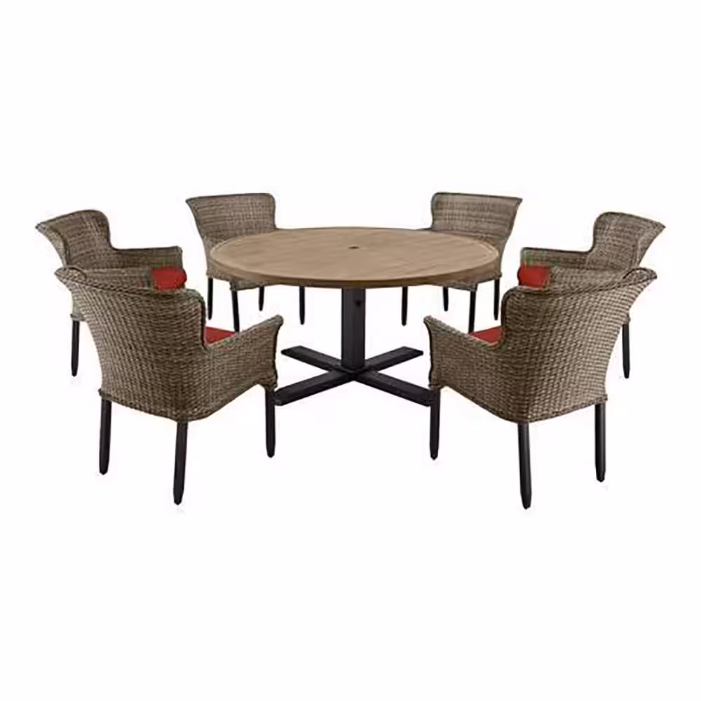 Hampton Bay Devonwood Dark Brown 7-Piece Wicker Outdoor Dining Set with Sunbrella Henna Red Cushions