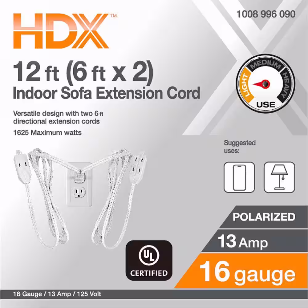 HDX 12ft. 16/2 Light Duty Indoor Sofa Cord with Two Ends, White