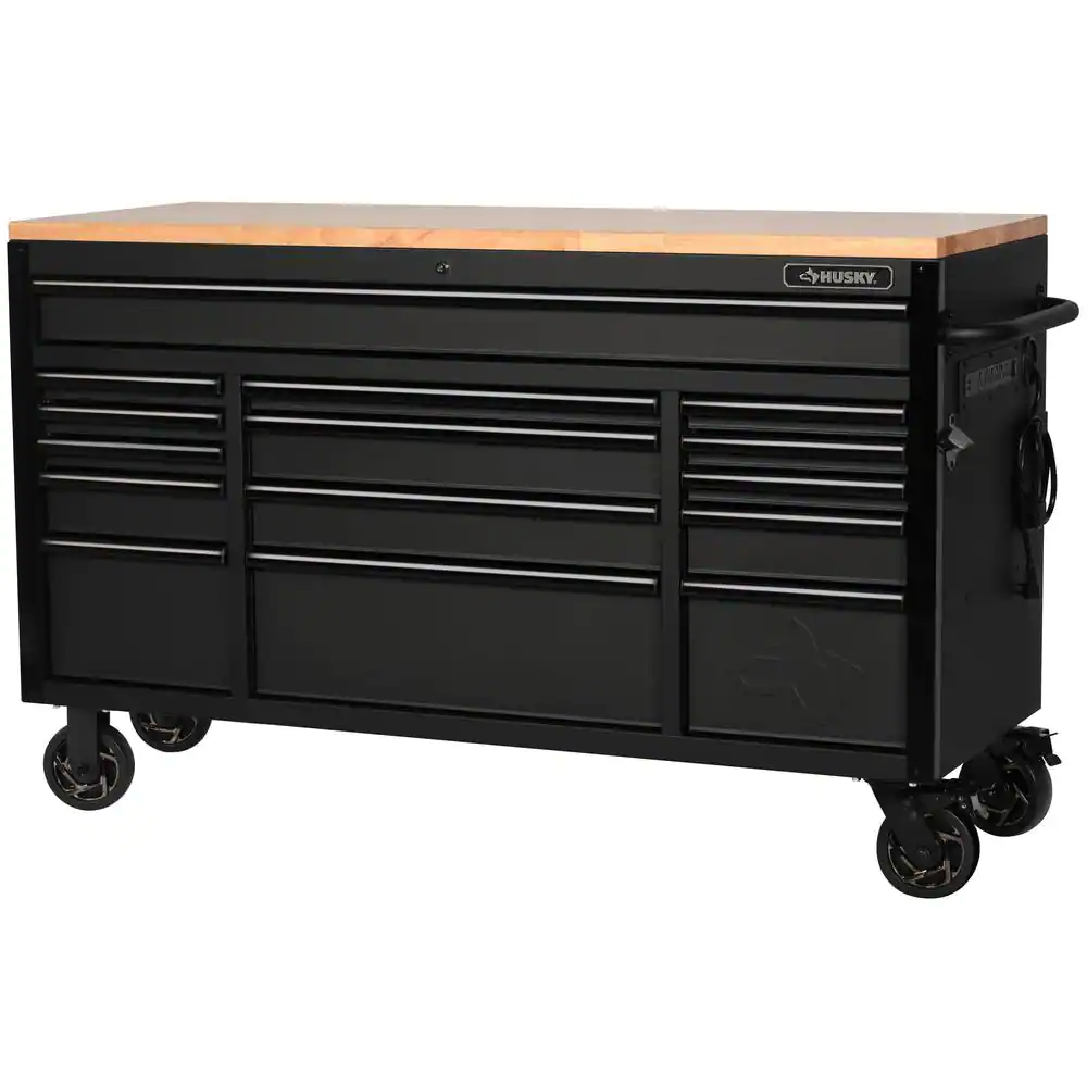Husky 61 in. W x 23 in. D Heavy-Duty 17-Drawer Mobile Workbench Cabinet with Riser and Hutch in Matte Black