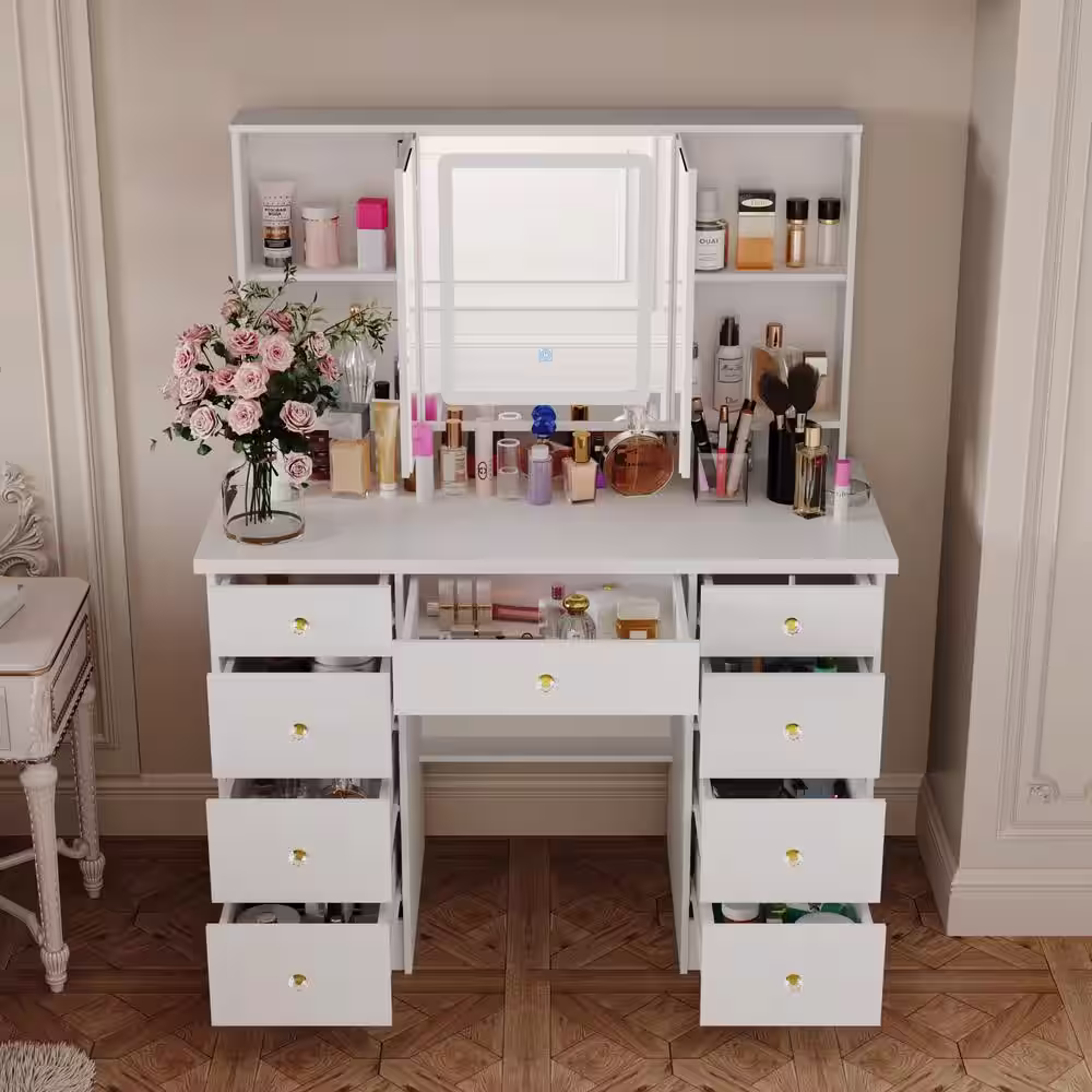 None White Modern Makeup Vanity Desk 9 Drawers Wood Dressing Table With 3 Mirrors, Hidden Storage Shelves, LED Lighted