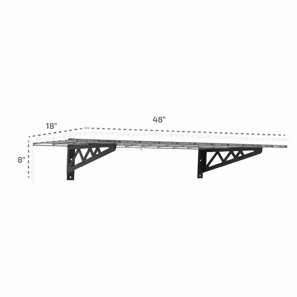 None 18 in. D x 48 in. W x 8 in. T Hammertone Grey Heavy-Duty Steel Wall Mounted Shelves Includes 2 Shelves and 4 Hooks