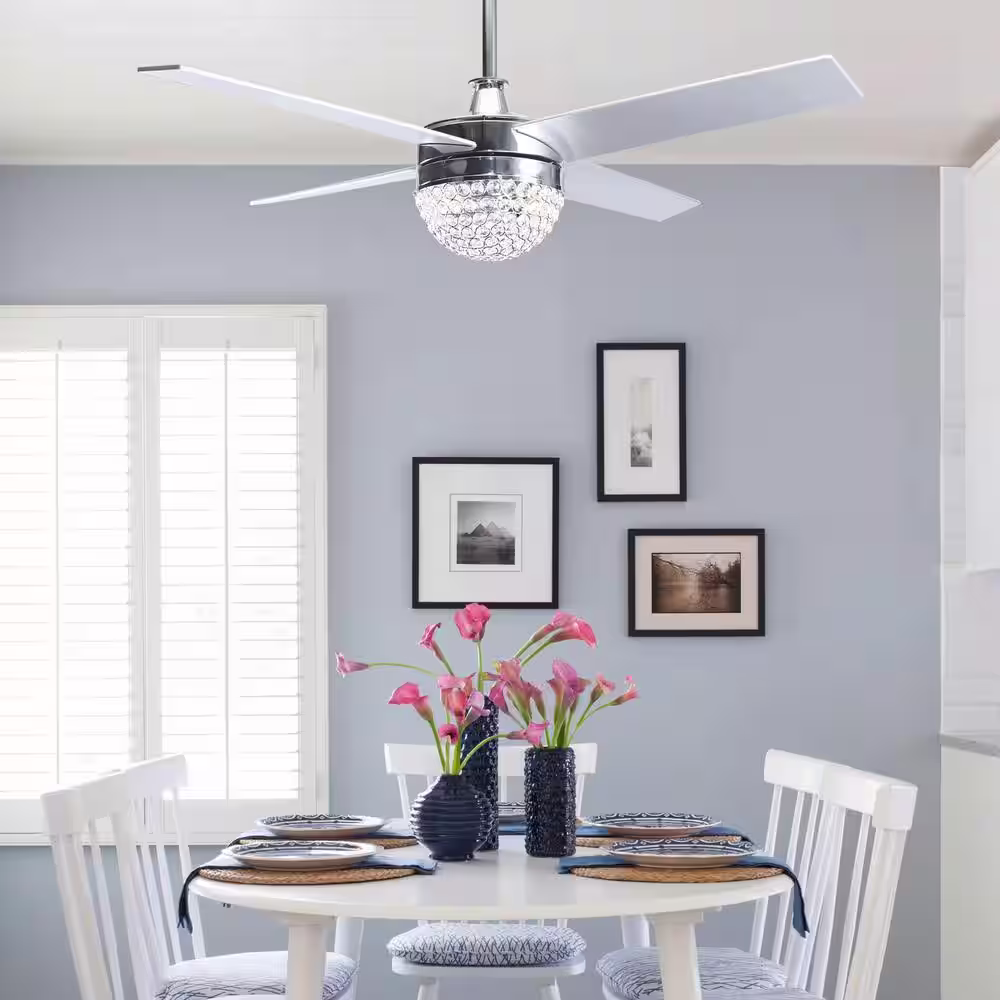 Parrot Uncle Dreyer 48 in. Indoor Chrome Downrod Mount Crystal Ceiling Fan with Light Kit and Remote Control