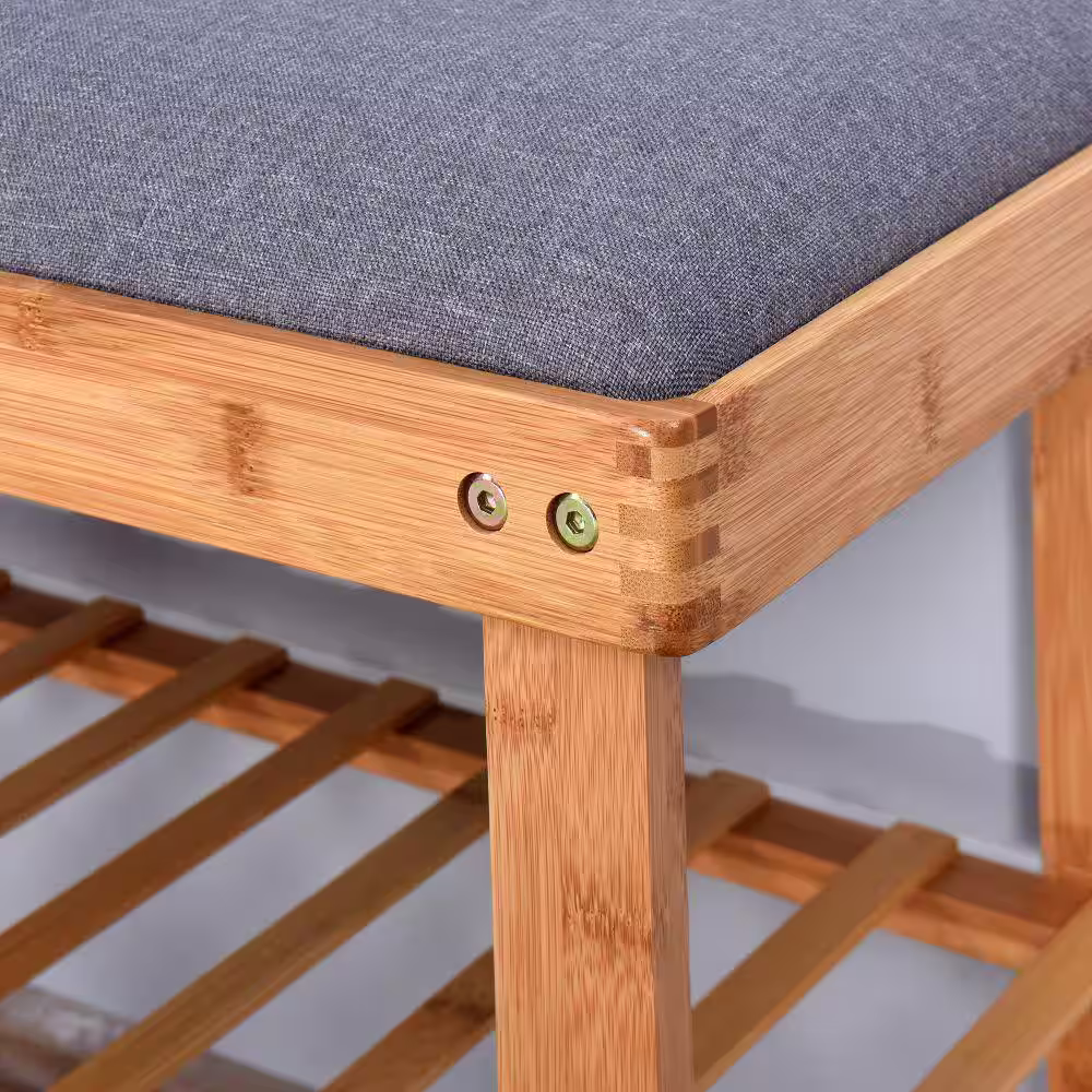 Kahomvis 20 in. H x 23.6 in. W Natural Bamboo Entryway Shoe Storage Bench with Cushion and 2 Shelves