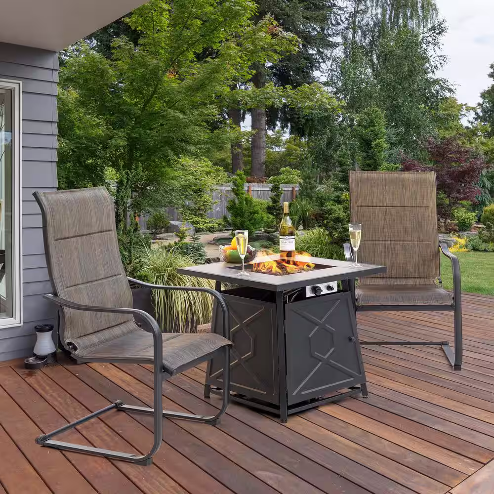 Nuu Garden 28 in. Square Metal Outdoor Propane Fire Pit Table with PVC Cover and Lava Rocks, 50,000 BTU, Black