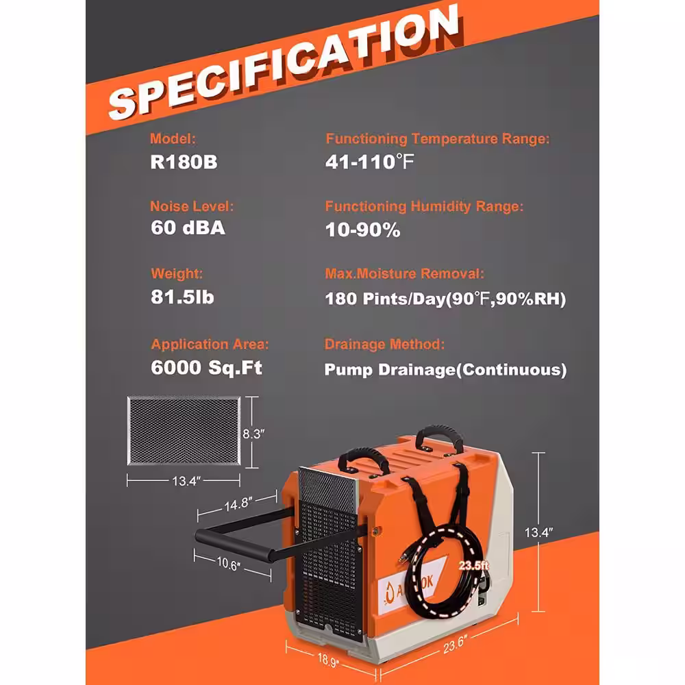 None 180 pt. 6000 sq. ft. Commercial Dehumidifier in Oranges with Drain Hose and Pump for Basement Garage Warehouse