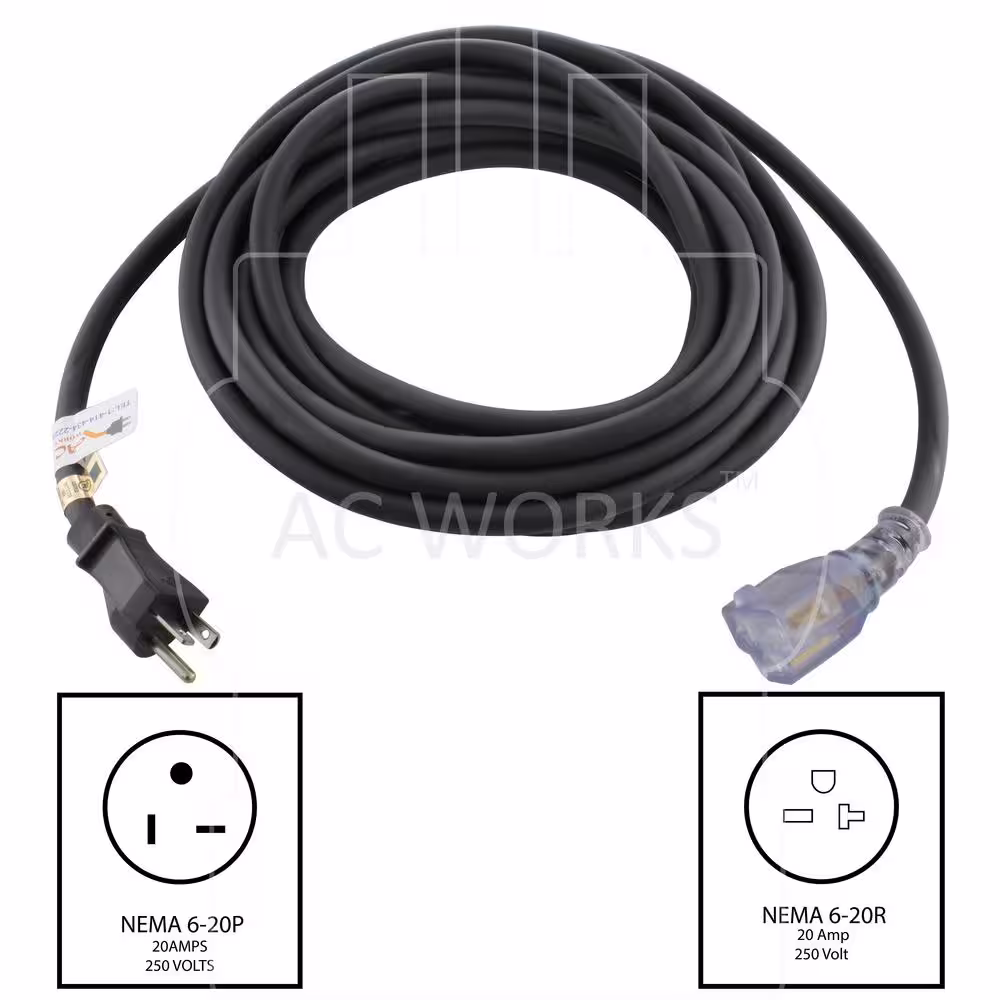 AC WORKS 50 ft. 20 Amp 250 Volt SJTW 12/3 NEMA 6-20 Extension Cord with Lighted End