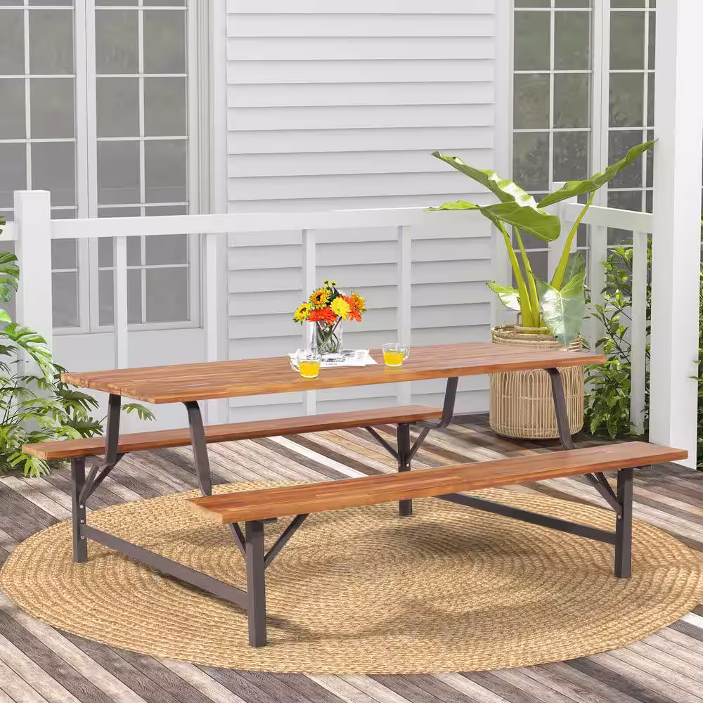 WELLFOR 71 in. L 6-Person Acacia Wood Picnic Table Bench Set