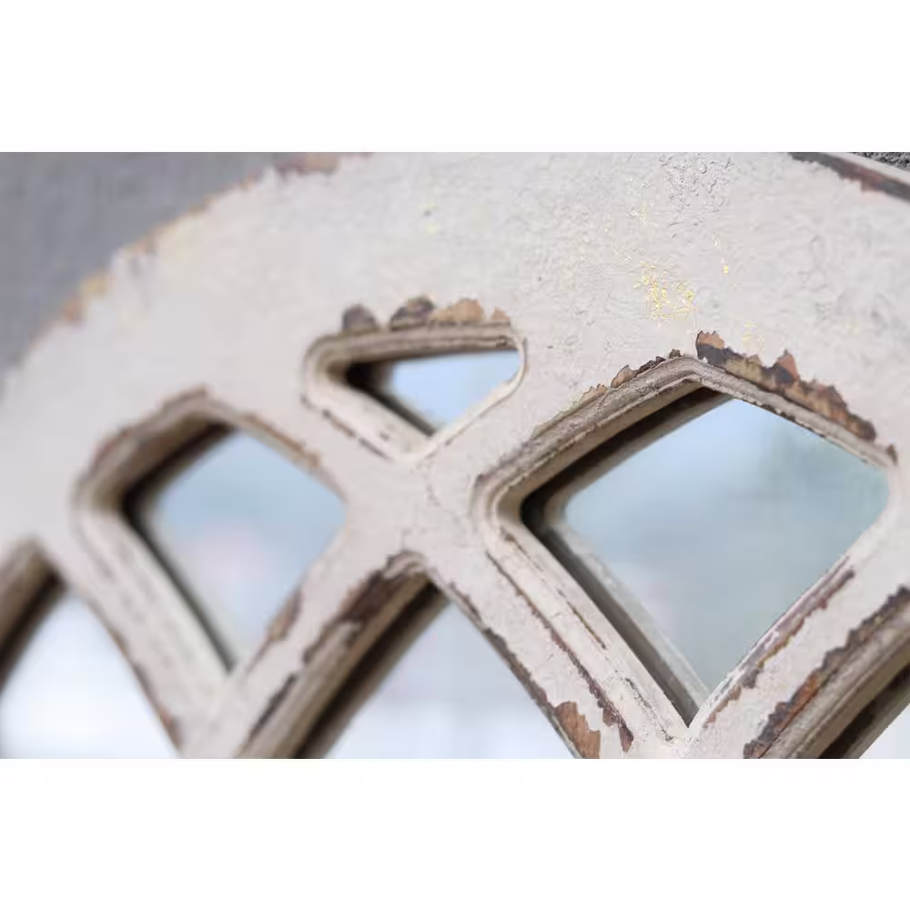 PARISLOFT 31.8 in. W x 31.8in.H Farmhouse Arched Windowpane Distressed White Wood Framed Wall Mirror