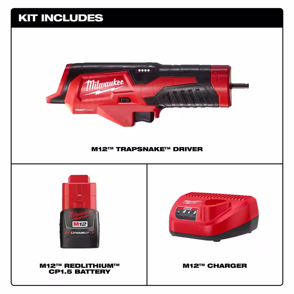 Milwaukee M12 Trap Snake 12V Lithium-Ion Cordless Toilet and Urinal Auger Power Driver w/ 1.5AH Battery and Charger