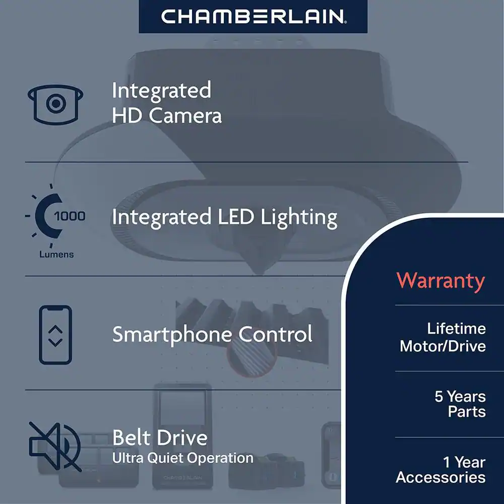 Chamberlain 3/4 HP LED Video Quiet Belt Drive Smart Garage Door Opener with Integrated Camera