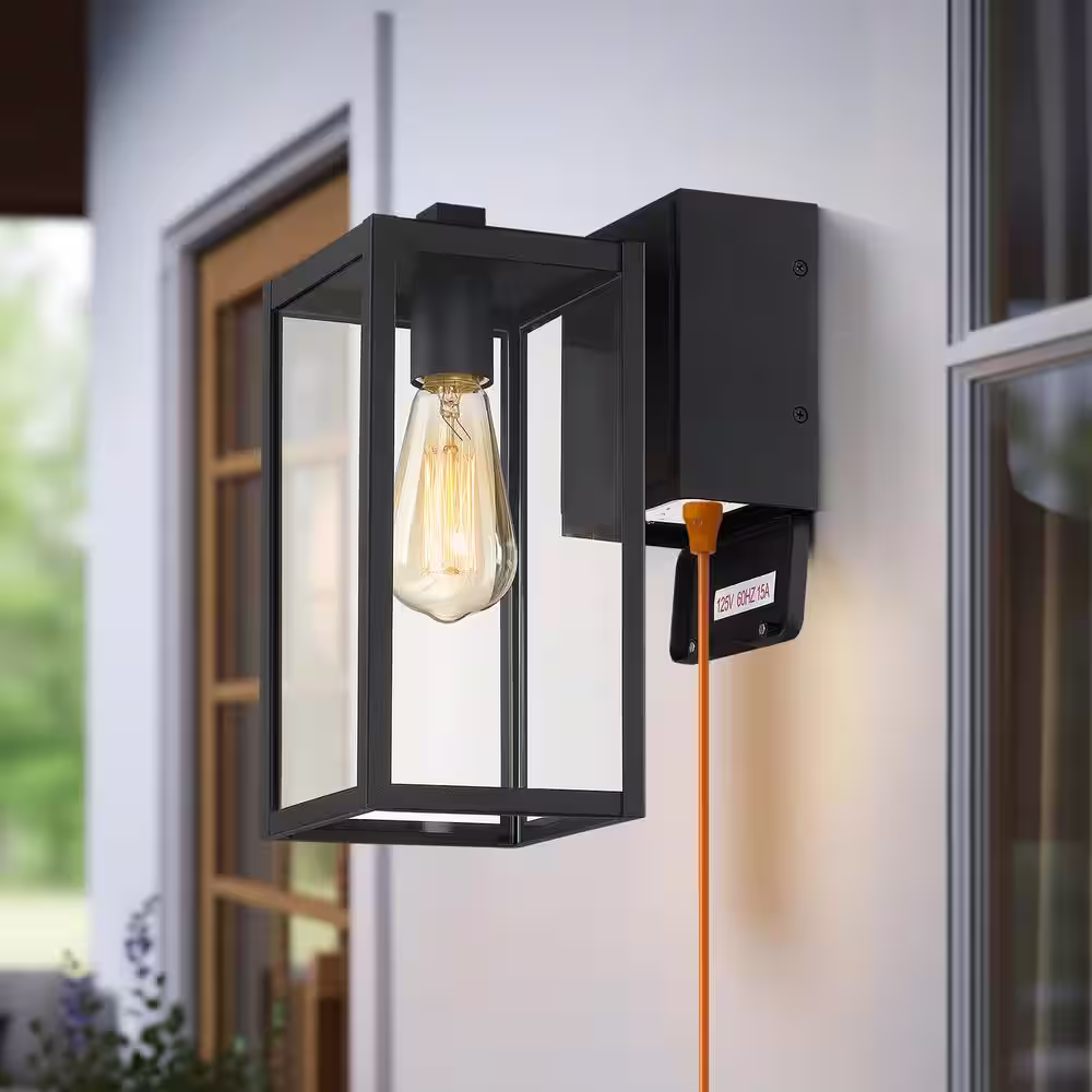 TRUE FINE Trevot 1-Light 12 in. Black Outdoor Wall Lantern Sconce with Built-In GFCI Outlets