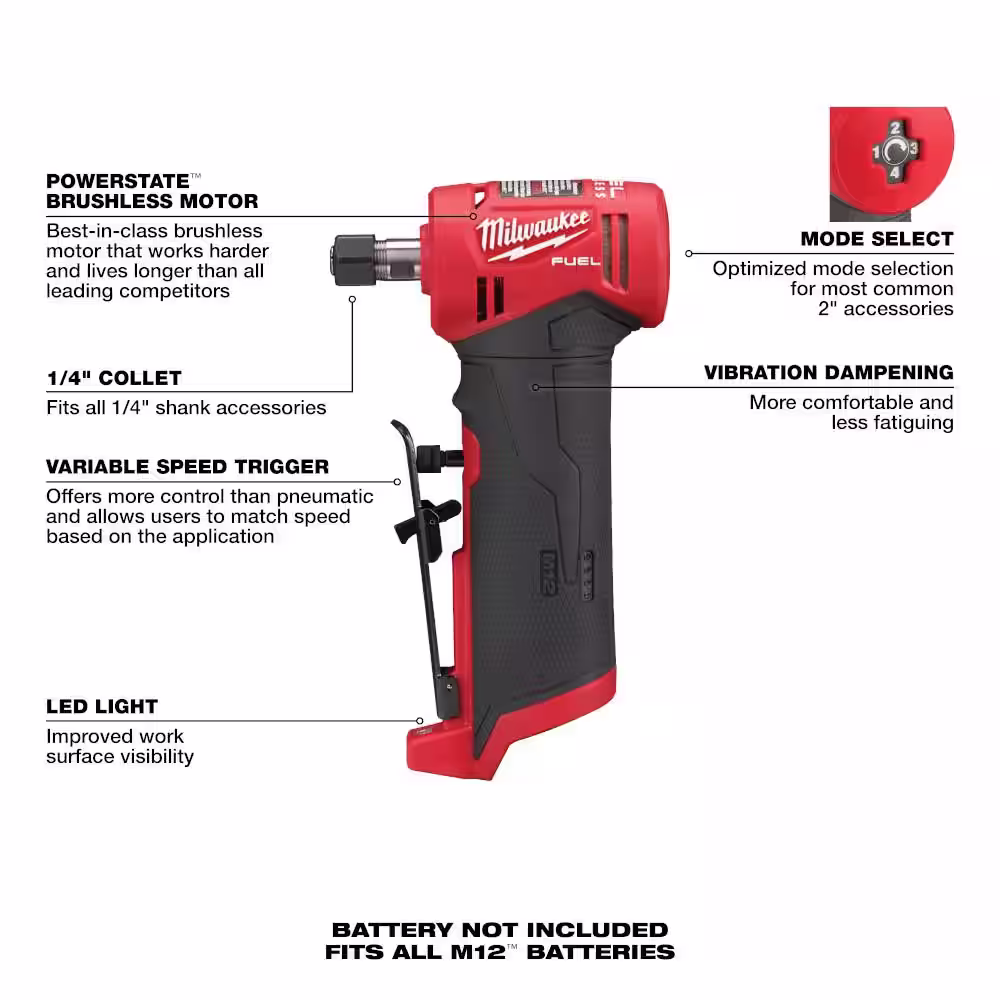 Milwaukee M12 FUEL 12V Lithium-Ion Brushless Cordless 1/4 in. Right Angle Die Grinder (Tool-Only)