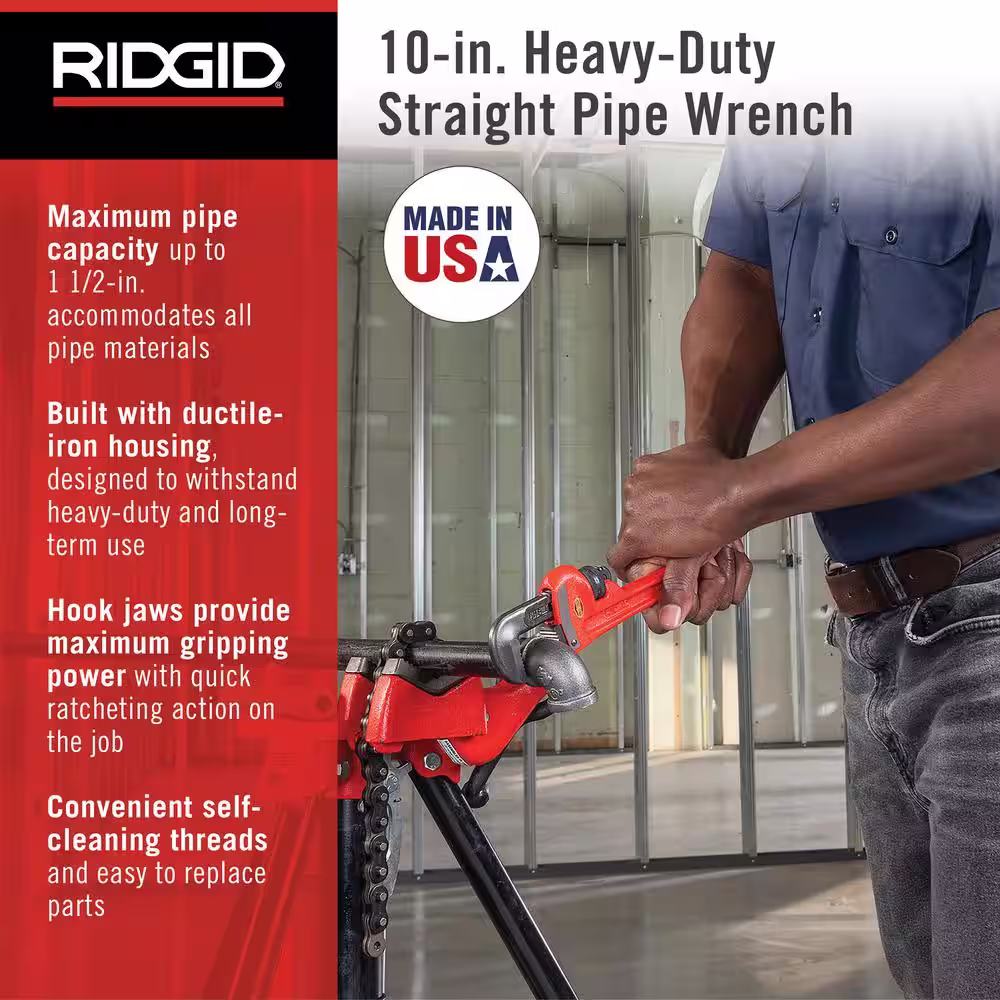 RIDGID 10 in. Straight Pipe Wrench for Heavy-Duty Plumbing, Sturdy Plumbing Pipe Tool with Self Cleaning Threads and Hook Jaws
