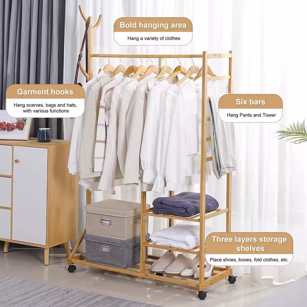 None Natural Bamboo Garment Clothes Rack with Shelves 39.4 in. W x 60 in. H