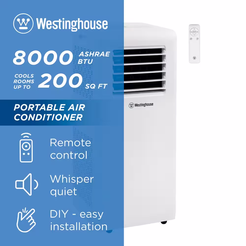 Westinghouse 8000 BTU (5200 BTU DOE Standard) Portable Air Conditioner, 3-in-1 Operation, For Rooms Up to 200 sq ft, White