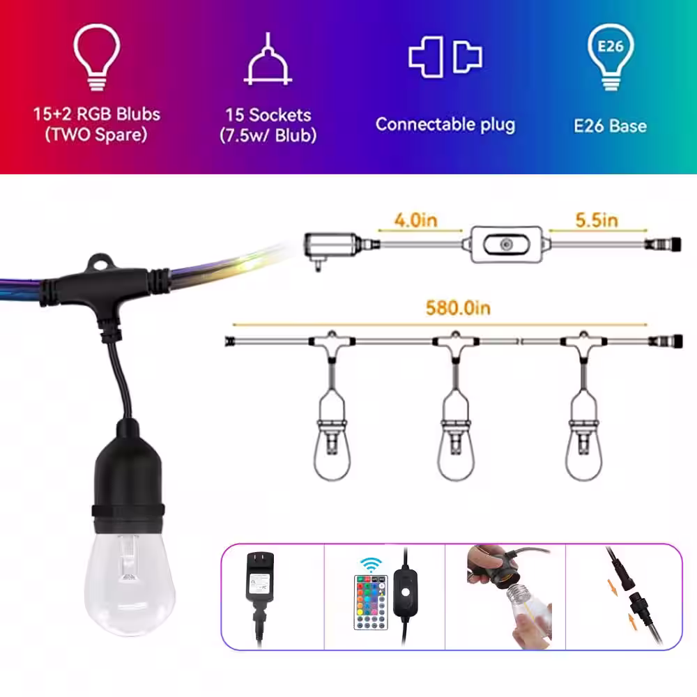 Cedar Hill Outdoor 48 ft. Plug-in 15 Globe Bulb RGB String Light with Rope Fairy